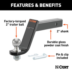 CURT ball mount installed in a 2" receiver with pin and clip, offering secure fit