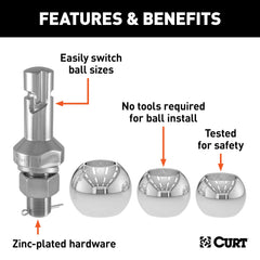 CURT three interchangeable ball heads labeled showing size options