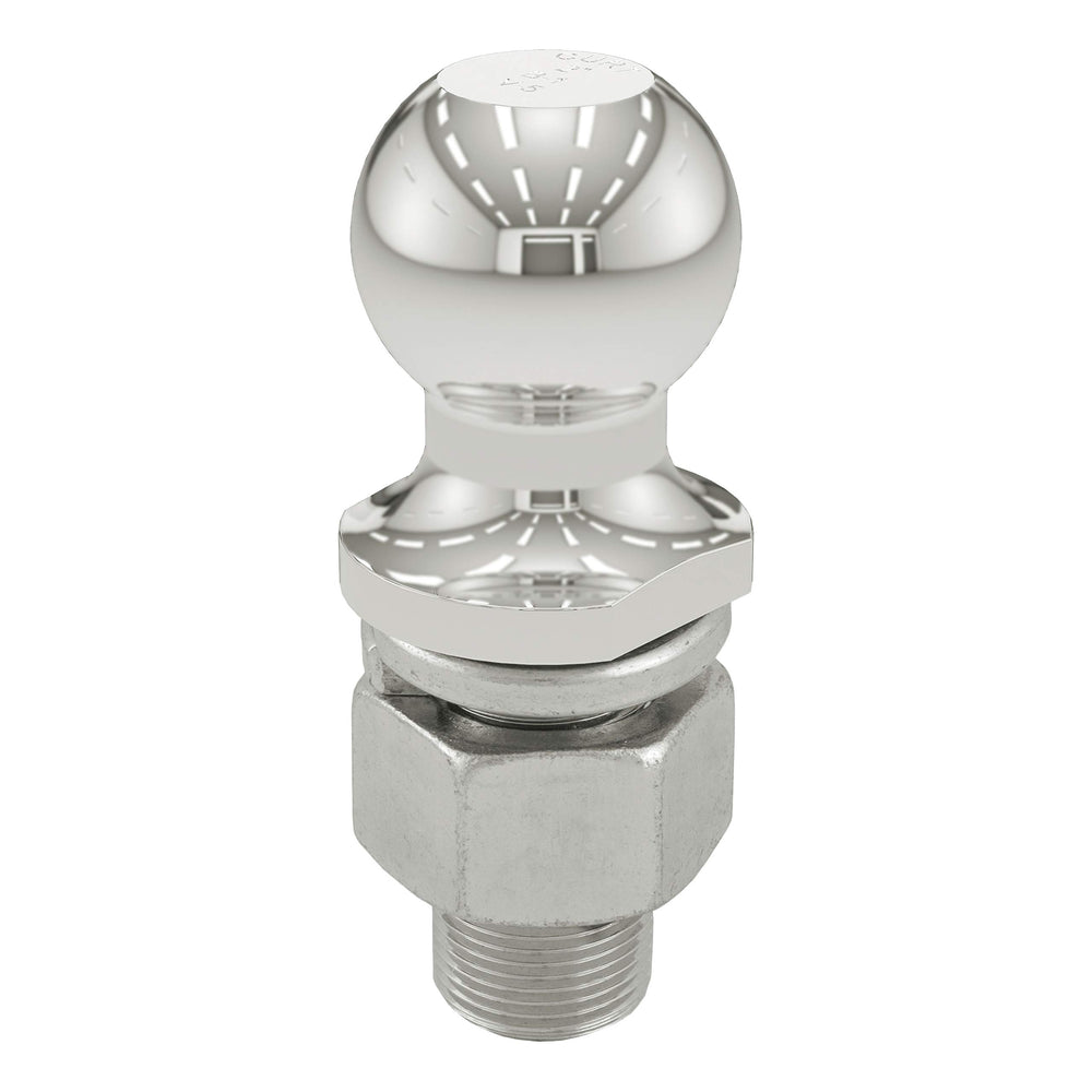 CURT front view of 2-inch stainless trailer ball showing polished head and fit benefits