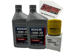 Cyclemax kit front packaging showing Kohler-branded oil and filter, clear identification benefit