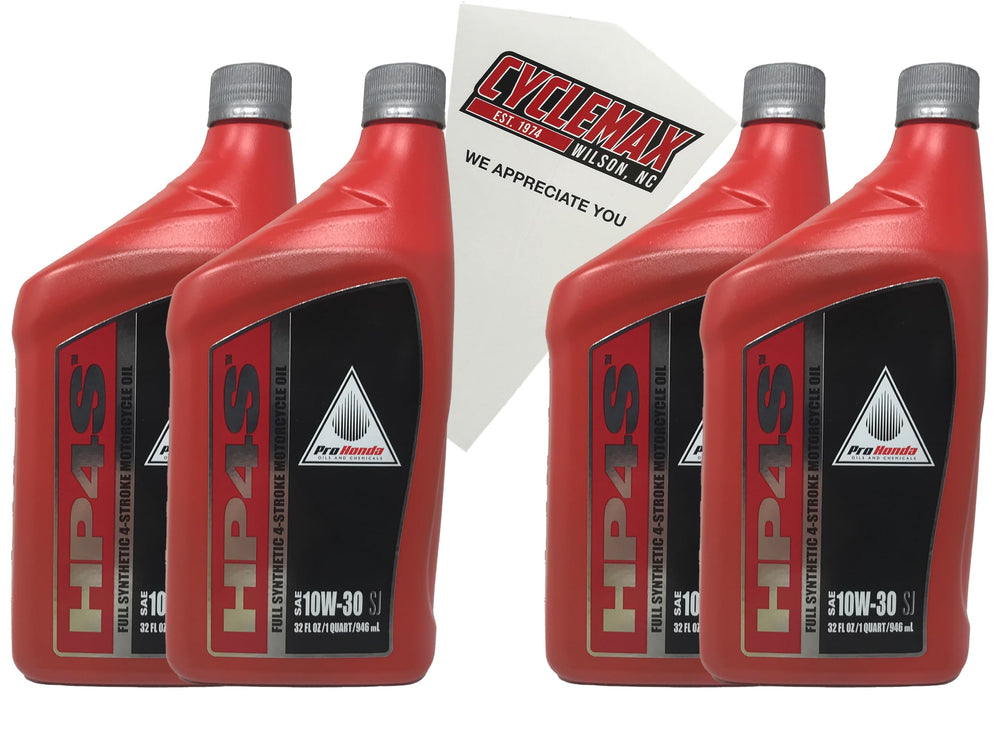 CYCLEMAX four-pack front packaging showing OEM 10W-30 oil and funnel benefits