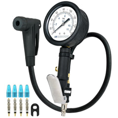 CycloSpirit front view of universal inflator gauge showing full tool and hose for precise inflation