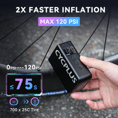 CYCPLUS valve attachment detail demonstrating dual Schrader and Presta compatibility benefit