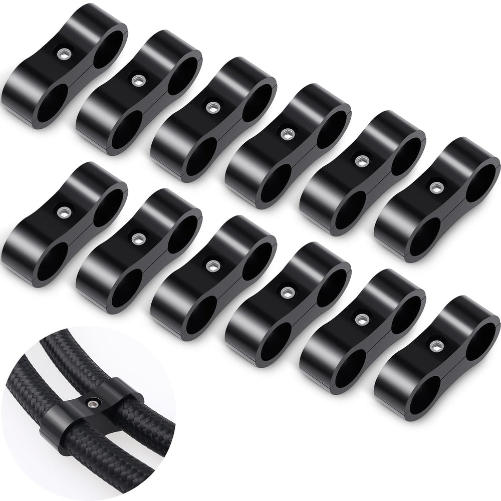 DaisyInner front view of 12 black 6AN hose separator clamps showing clean organization benefit