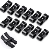 DaisyInner front view of 12 black 6AN hose separator clamps showing clean organization benefit