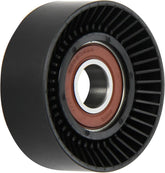 Dayco idler pulley front view showing mounting hole and smooth polymer surface benefit of precise fit