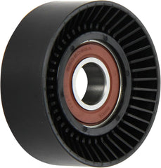 Dayco idler pulley front view showing mounting hole and smooth polymer surface benefit of precise fit