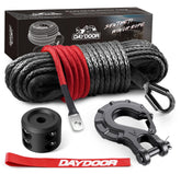 DAYDOOR front view of packaged synthetic winch rope showing included accessories and benefit of ready installation