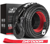 DAYDOOR front view of gray synthetic winch rope showing length and packaging benefit