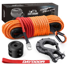 DAYDOOR front view of orange winch rope showing coiled length and label, highlights visibility