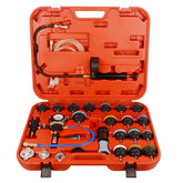 DAYUAN full 28-piece radiator pressure tester kit laid out for quick identification and use