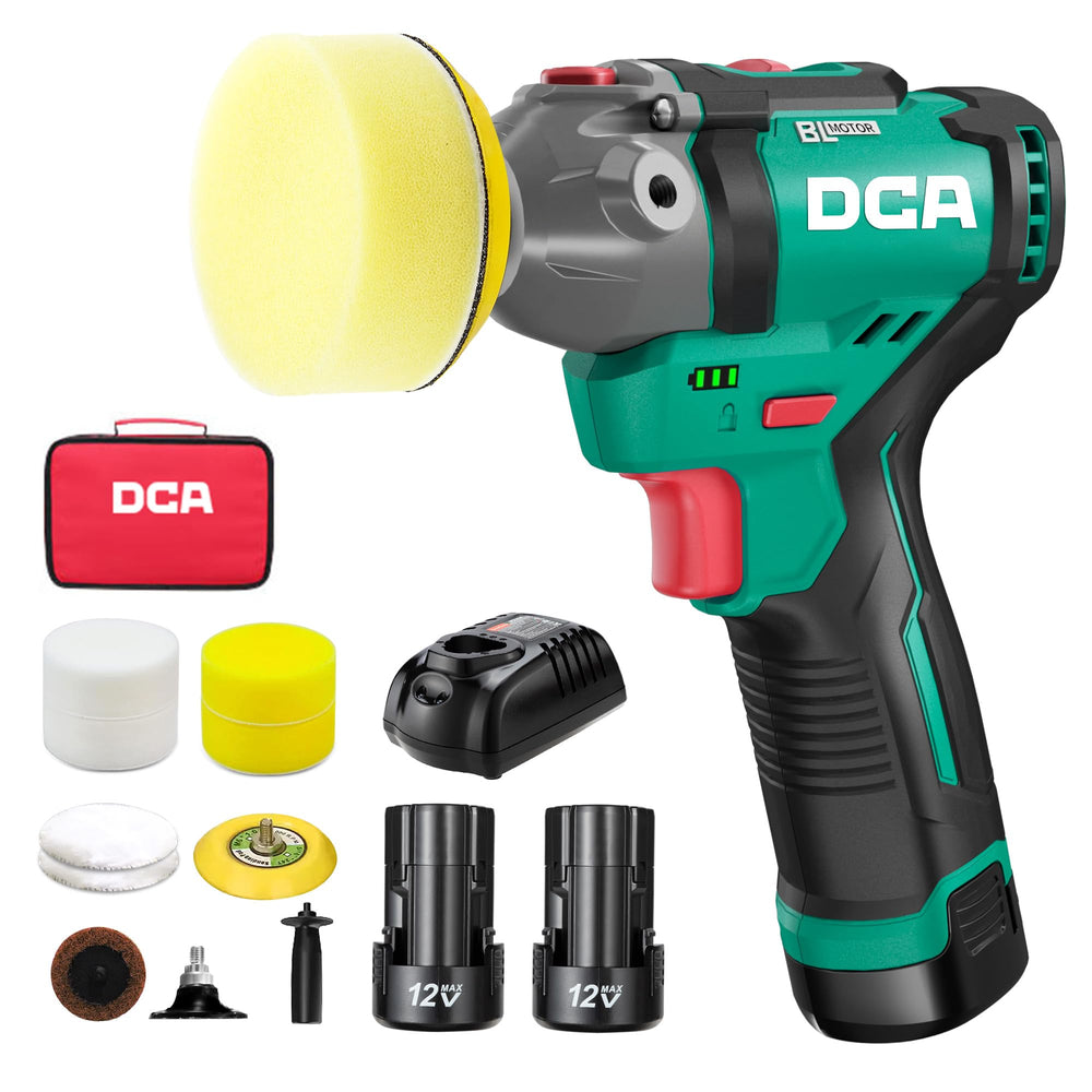 DCA mini polisher front view showing compact body and control for comfortable handling