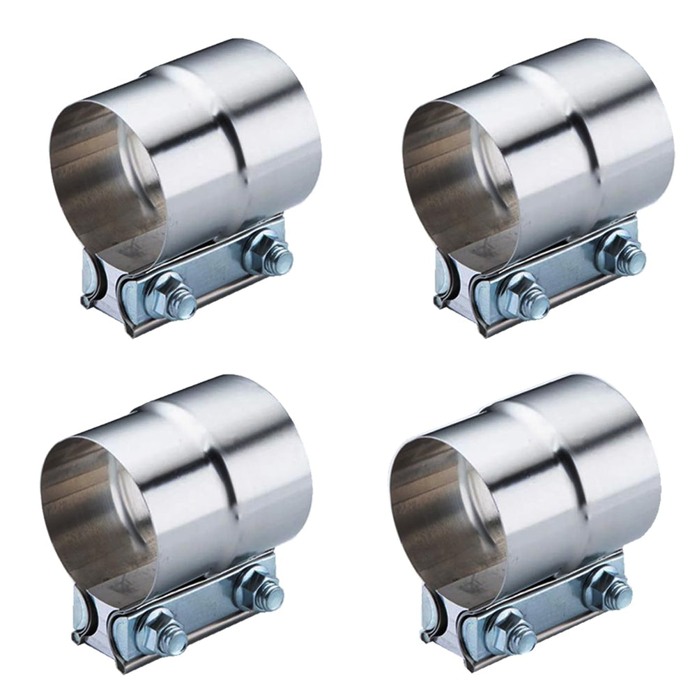 DecoHongDi front view of four 2.5" lap-joint exhaust clamps showing packaging and contents