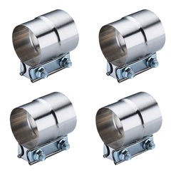 DecoHongDi front view of four 2.5" lap-joint exhaust clamps showing packaging and contents