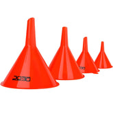 DEDC funnels front view showing four red sizes and clear benefit of easy selection