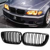 DEKEWEI front view of gloss black E46 grille showing refreshed bumper look