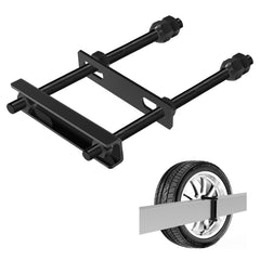 Delmoar front view of mounted spare tire mount shows secure fit and stability