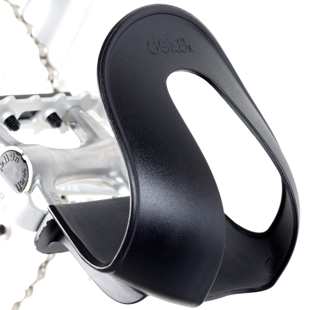 Delta toe clips front view showing wide opening for easy entry and improved control