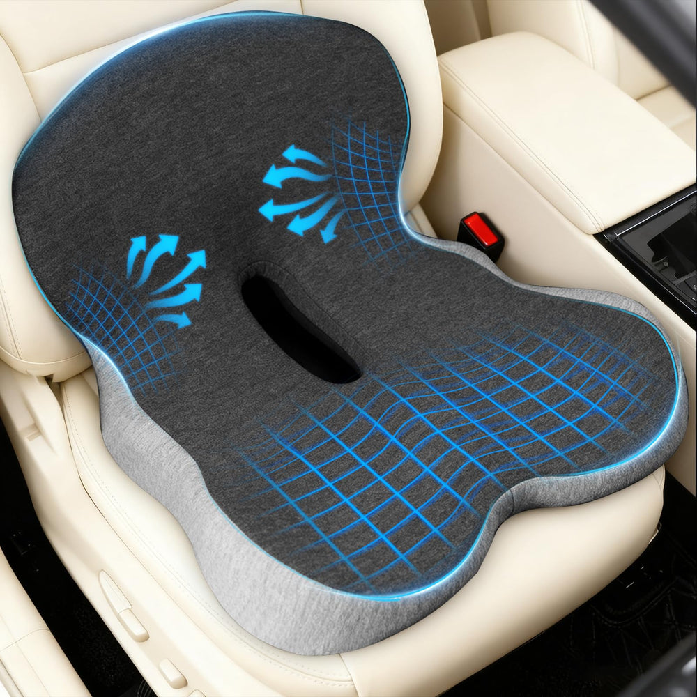 Denchy front view of cushion on seat showing ergonomic shape and comfort
