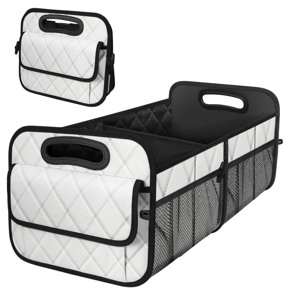 Deosk front view beige trunk organizer showing neat cargo storage benefit