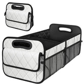 Deosk front view beige trunk organizer showing neat cargo storage benefit
