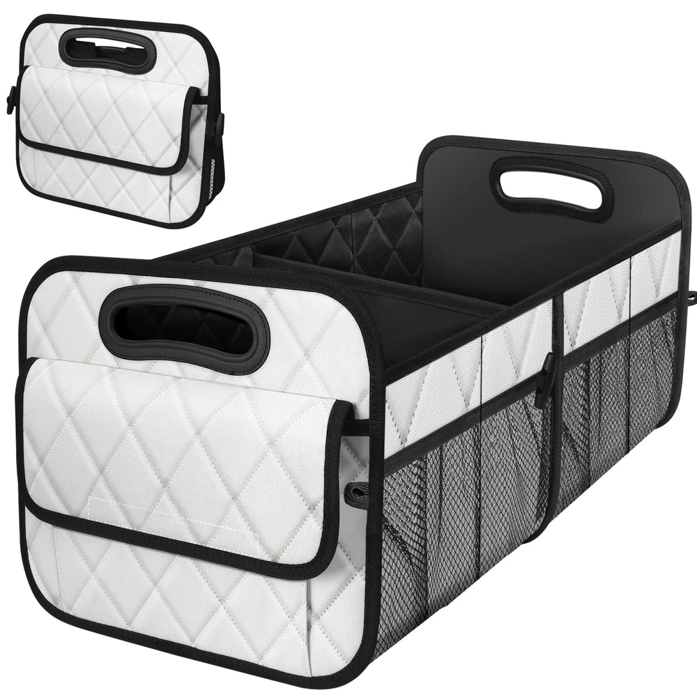 Deosk front view of beige trunk organizer showing spacious storage benefit