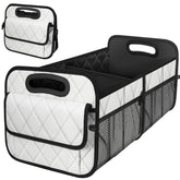 Deosk front view of beige trunk organizer showing spacious storage benefit