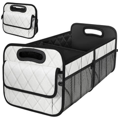 Deosk front view of beige trunk organizer showing spacious storage benefit