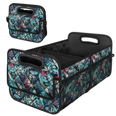 Deosk front view of trunk organizer showing structure and leaves pattern, easy storage
