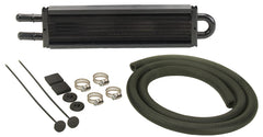 Derale 13200 front profile showing black cooler and mounting bracket for reliable cooling