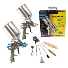 DeVilbiss StartingLine 1.3mm finish gun close-up showing precision atomization
