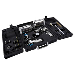 DeVilbiss StartingLine kit front view showing organized two-gun layout and benefits