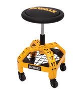DEWALT stool front view showing sturdy steel frame and padded seat for workshop durability