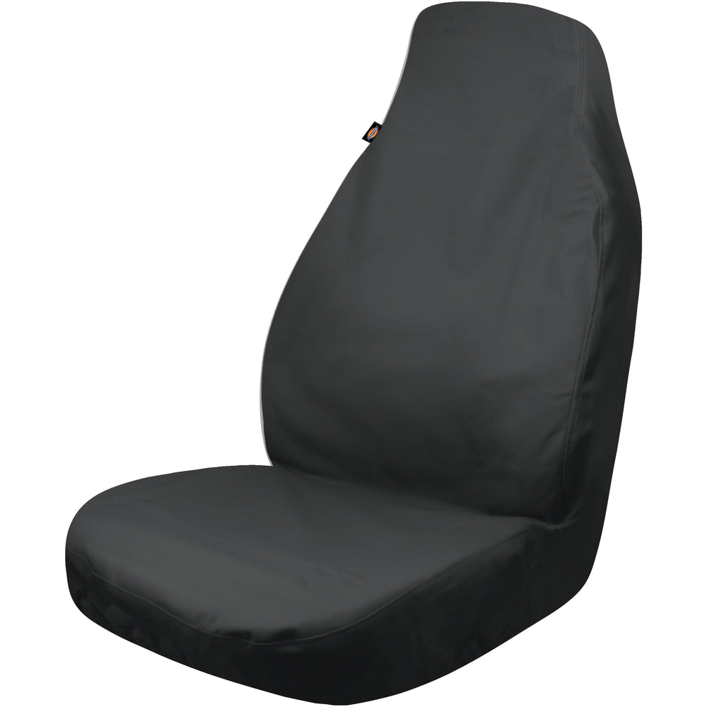 Custom Accessories Dickies front view showing full black seat cover protecting upholstery