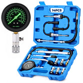 DISEN kit front view showing gauge and adapters for fast compression checks