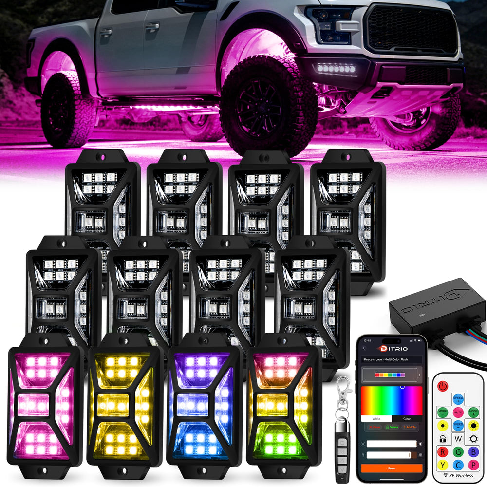 DITRIO front pod array showing full 12‑pod kit and bright underglow benefit