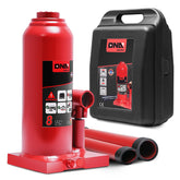 DNA MOTORING front view of red 8 ton bottle jack showing sturdy build and stability