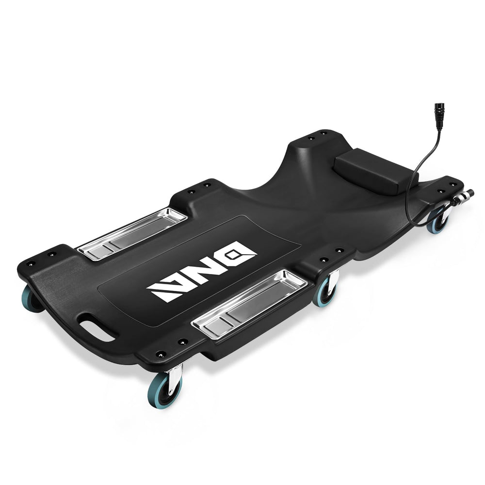 DNA Motoring front view of creeper showing low-profile design and comfort