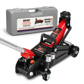 DNA MOTORING front view of red floor jack showing compact stance and easy positioning