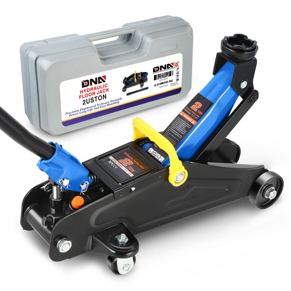 DNA MOTORING front view of blue 2-ton trolley jack showing stable base and lift