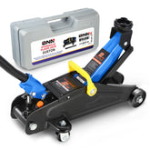 DNA MOTORING front view of blue 2-ton trolley jack showing stable base and lift