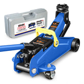 DNA Motoring front view of blue floor jack showing sturdy frame and capacity