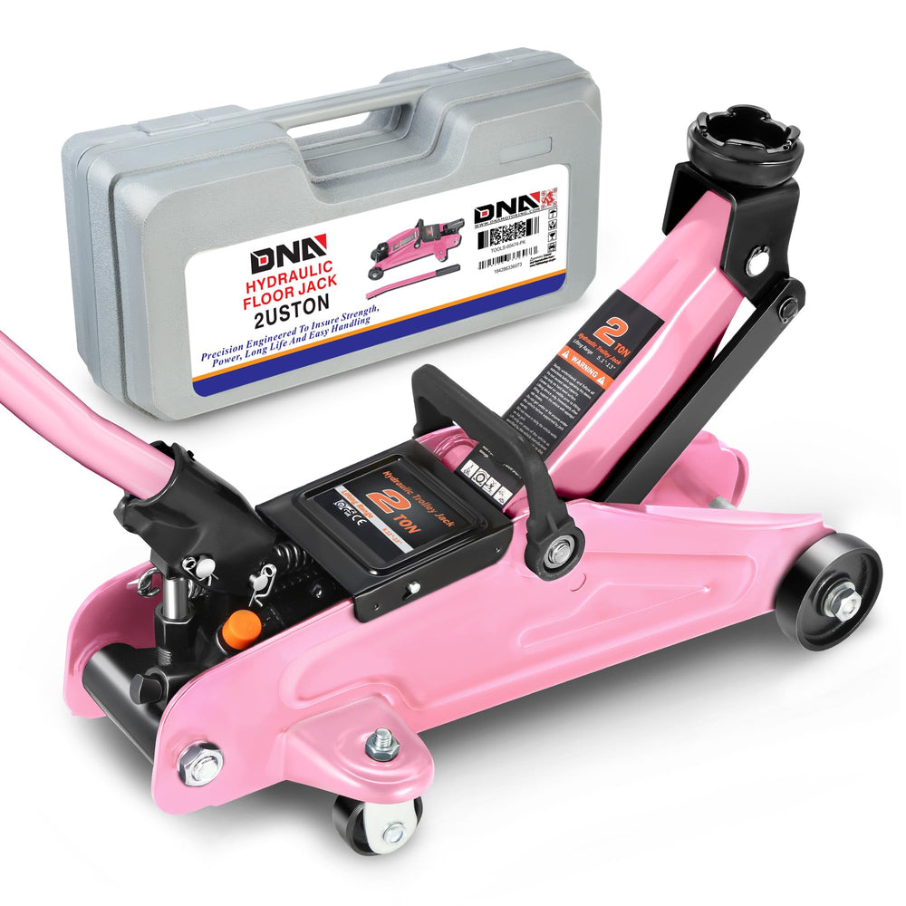 DNA MOTORING front view of pink trolley jack showing lift range and stability