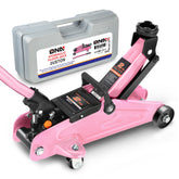 DNA MOTORING front view of pink trolley jack showing lift range and stability