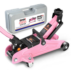 DNA MOTORING front view of pink trolley jack showing lift range and stability