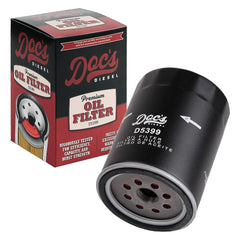 Doc's Diesel front packaging of Duramax oil filter showing model and fitment benefits