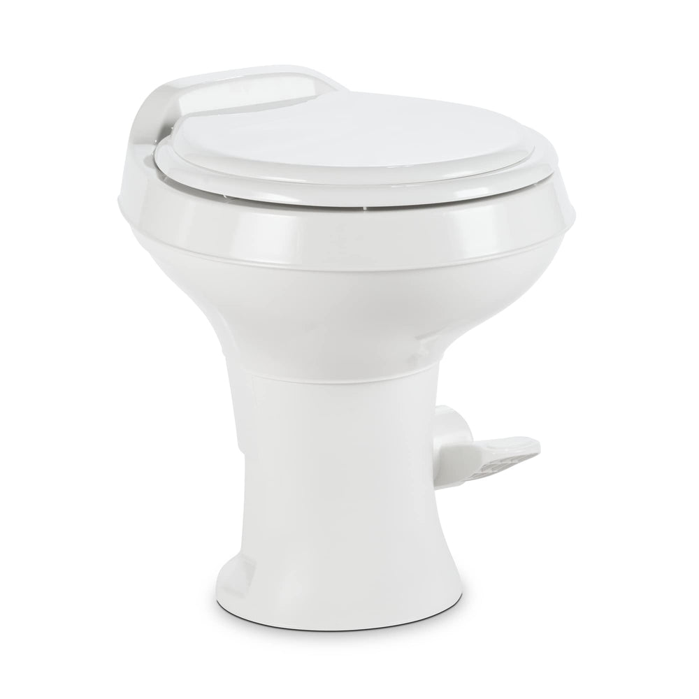 Dometic front view of white toilet showing contemporary styling and compact fit