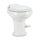 Dometic front view of white toilet showing contemporary styling and compact fit