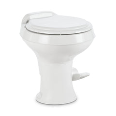 Dometic front view of white toilet showing contemporary styling and compact fit