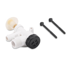Dometic valve assembly installed in toilet showing correct in-place connection